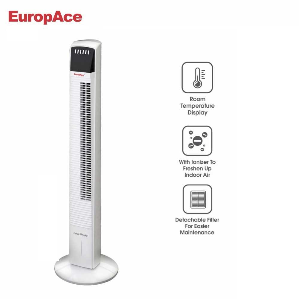 EuropAce 1.1m Bladeless Tower Fan with Ionizer, Digital Ambient Temp