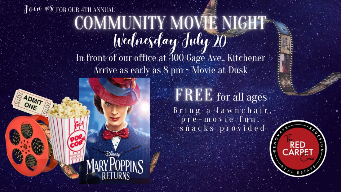 Community FREE Outdoor Movie Night Tickets The Red Carpet Crew office, Kitchener, ON July 20