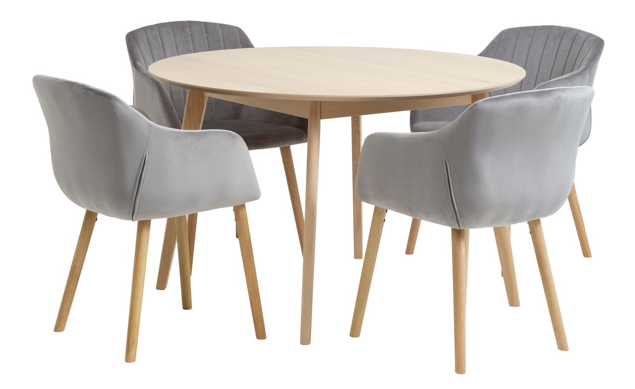 KALBY D120 table oak + 4 ADSLEV chairs grey velvet JYSK