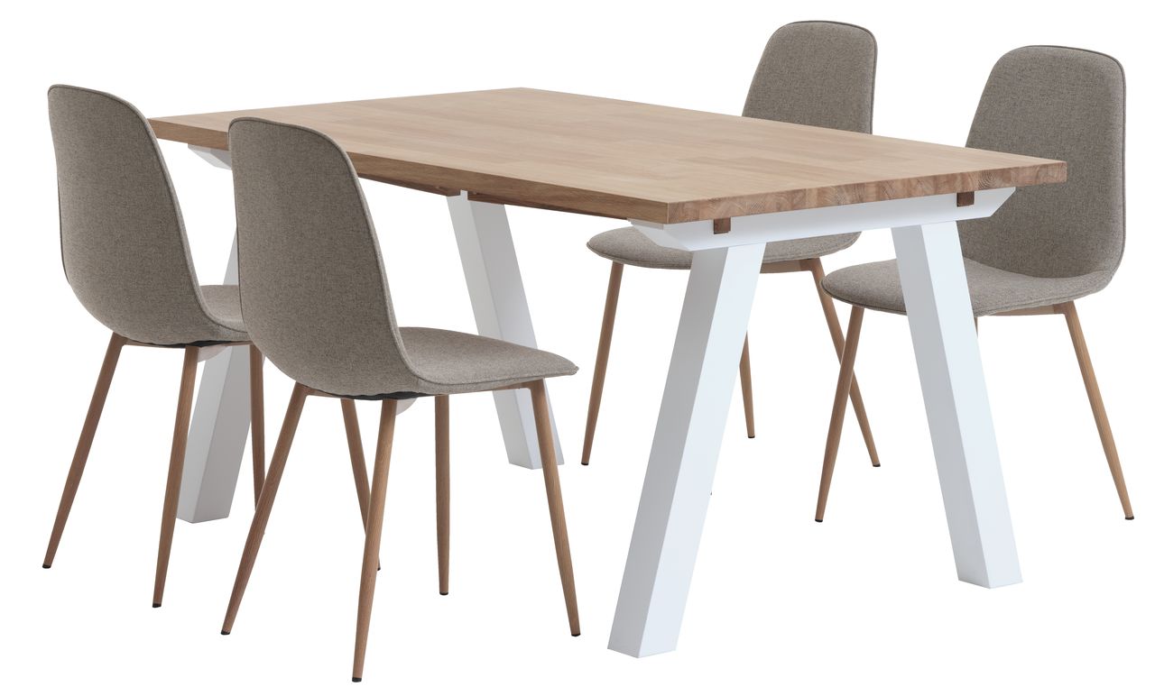 SKAGEN L150 table white/oak + 4 BISTRUP chairs sand JYSK