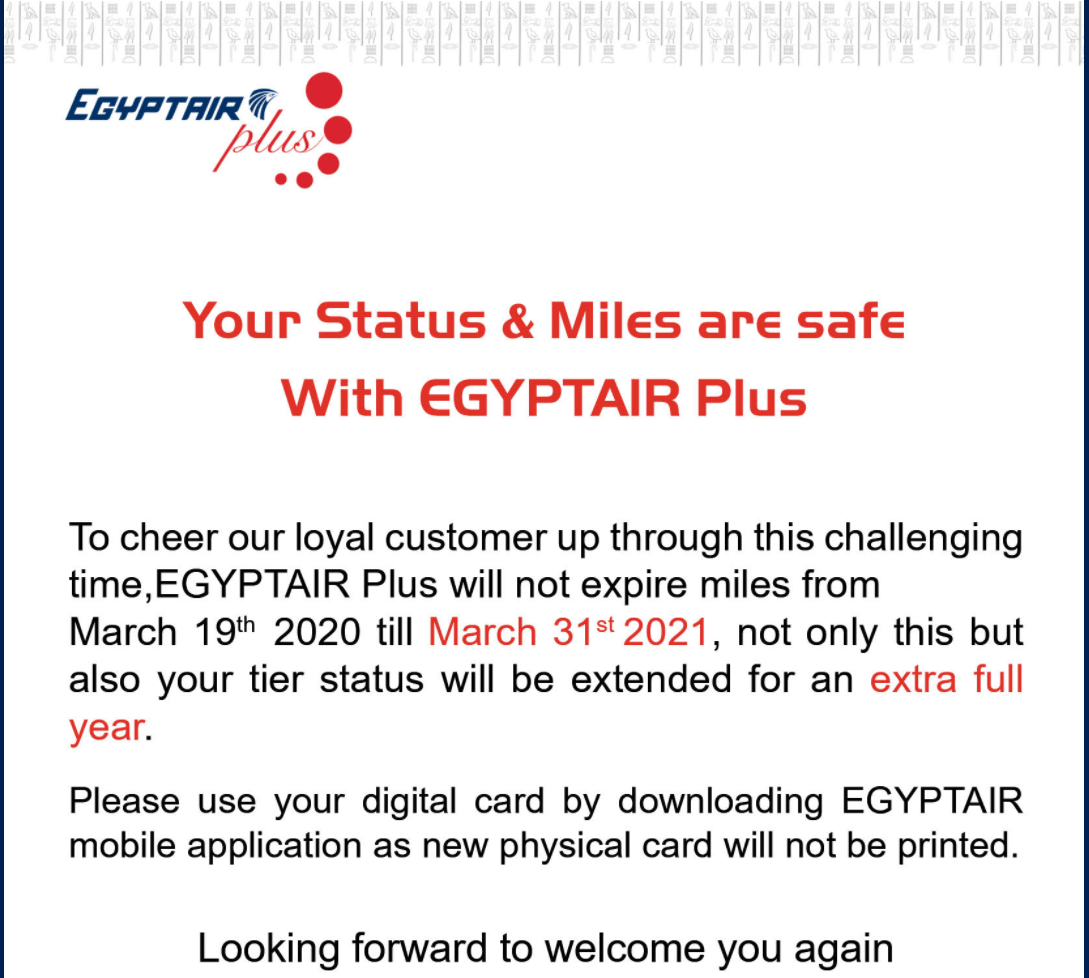 Egyptair Plus Extends Member Tiers By 12 Months & Miles Expiry Waived