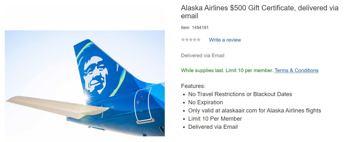 Alaska Airlines Gift Certificates 10 Off Through Costco LoyaltyLobby