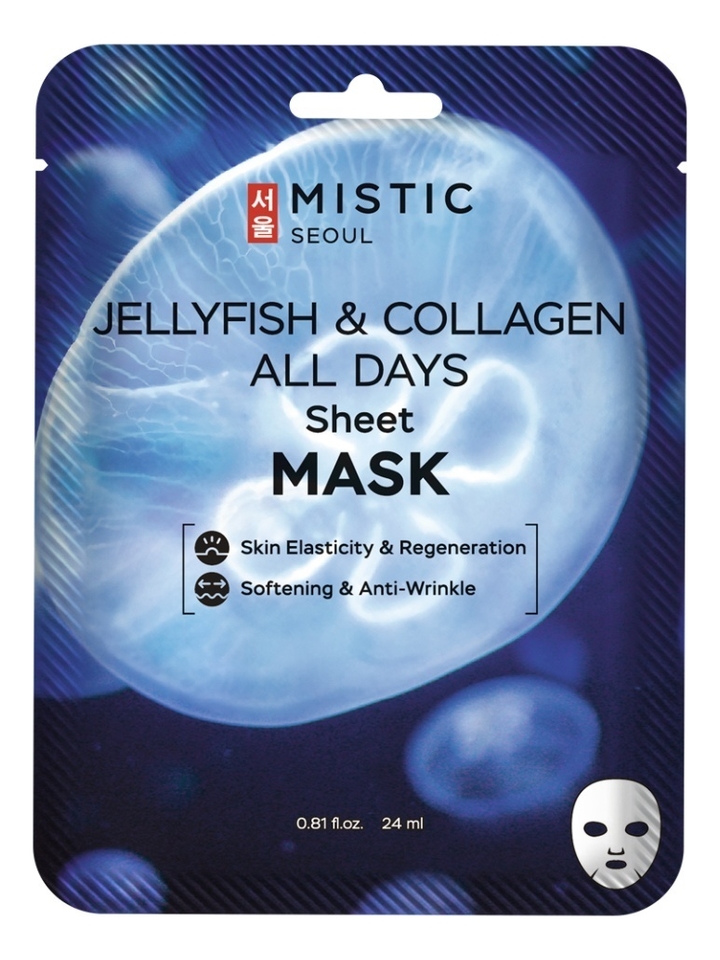 MISTIC тканевая маска для лица с коллагеном медузы jellyfish & collagen all days sheet mask 24мл