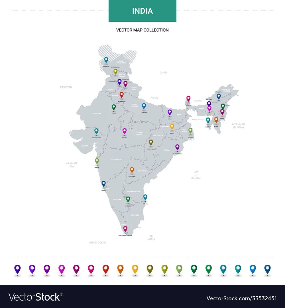 India map with location pointer marks infographic Vector Image