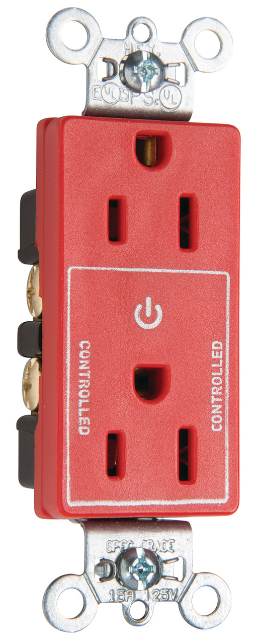 Decorator 15A HalfControlled Plug Load Duplex Receptacle, Red