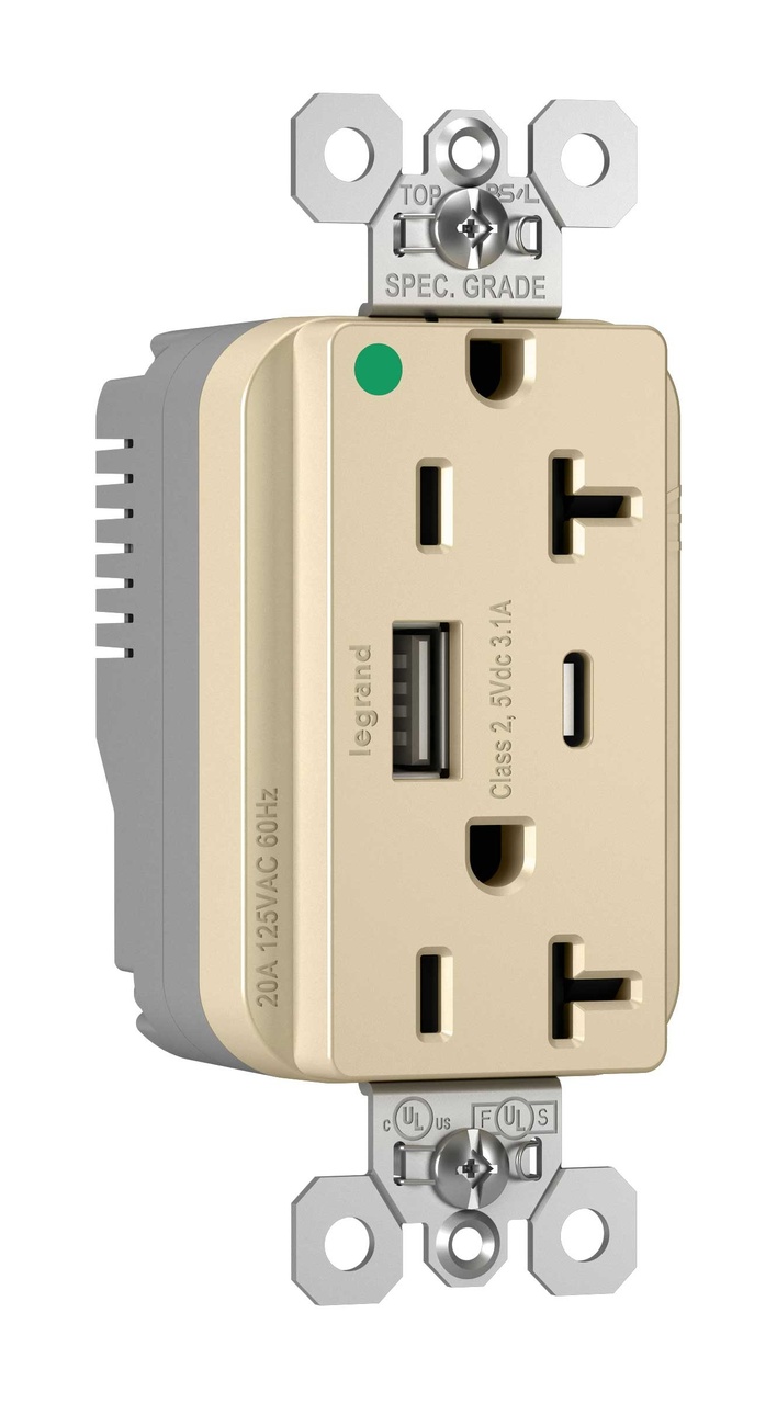 PlugTail® Hospital Grade 20A USB Charging Receptacles, Ivory