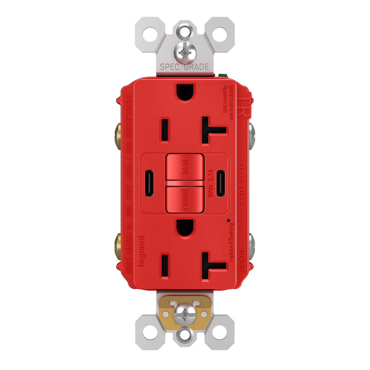 radiant® 20A TamperResistant SelfTest GFCI USB TypeCC Outlet, Red