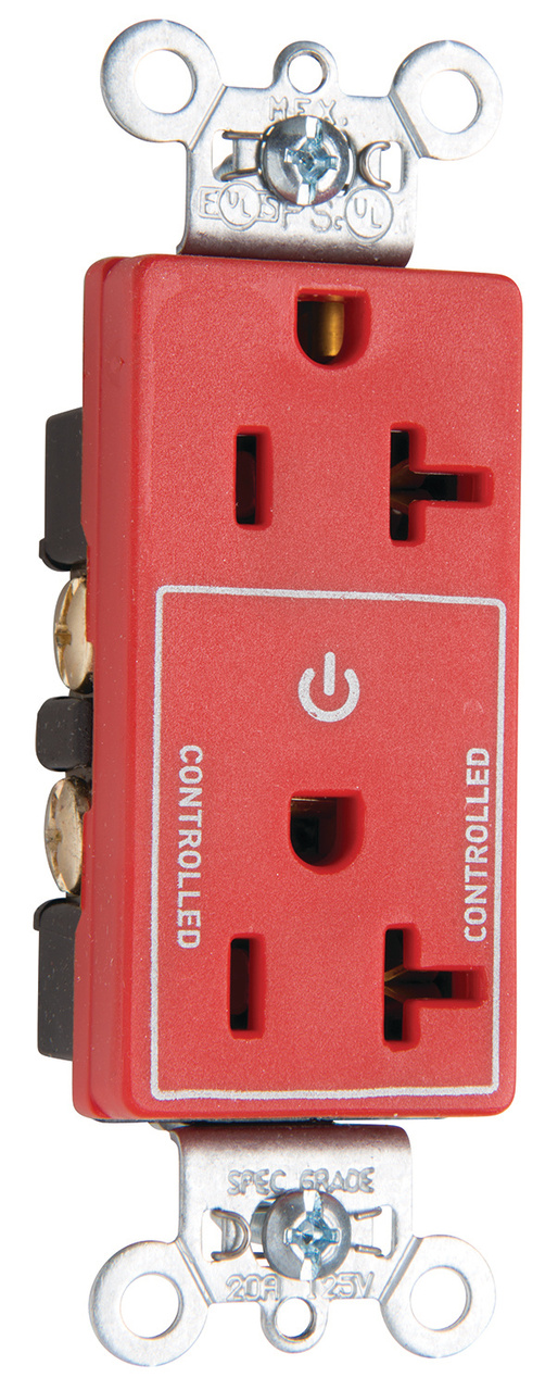 Decorator 20A HalfControlled Plug Load Duplex Receptacle, Red