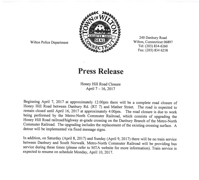 Honey Hill Road Closure Approaching Wilton, CT Patch