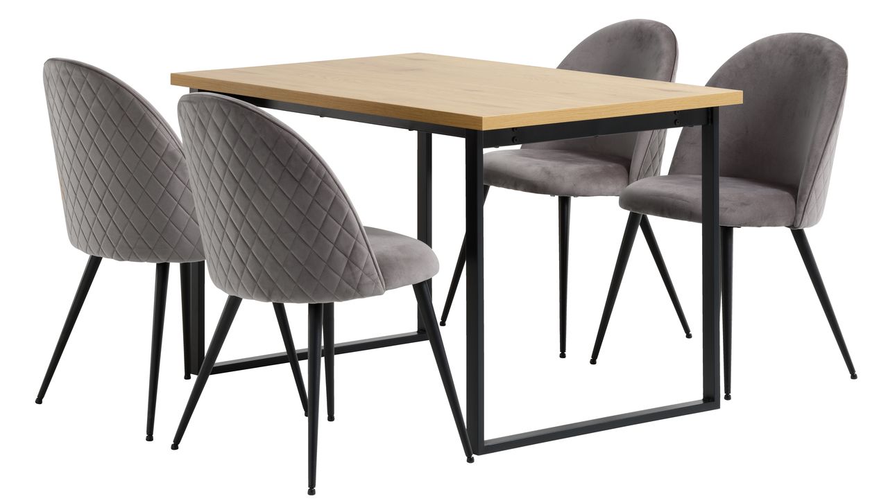 AABENRAA L120 table oak + 4 KOKKEDAL chairs grey velvet JYSK