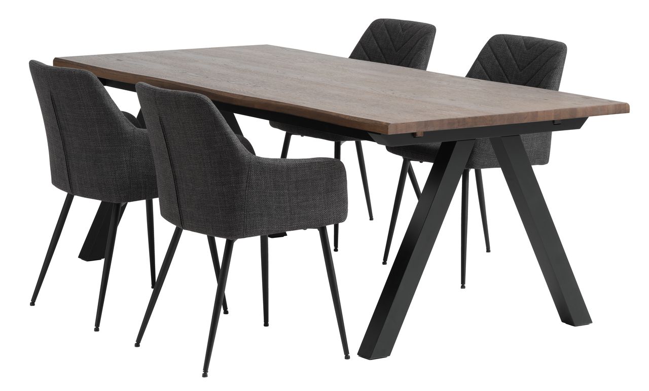 Mesa SANDBY L210 roble oscuro + 4 sillas PURHUS gris JYSK