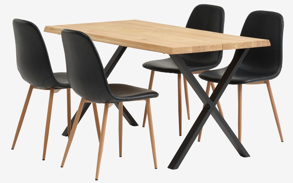 ROSKILDE/ROSLEV L140 natur ek + 4 JONSTRUP stol svart/ek JYSK