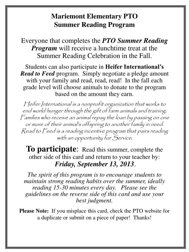PPT Mariemont Elementary PTO Summer Reading Program PowerPoint