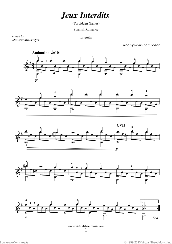 Jeux Interdits (Spanish Romance) sheet music for guitar solo