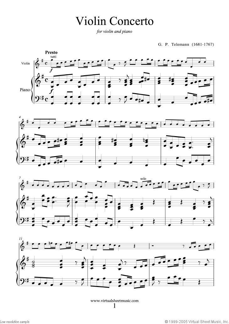 Telemann Violin Concerto in G major sheet music for violin and piano