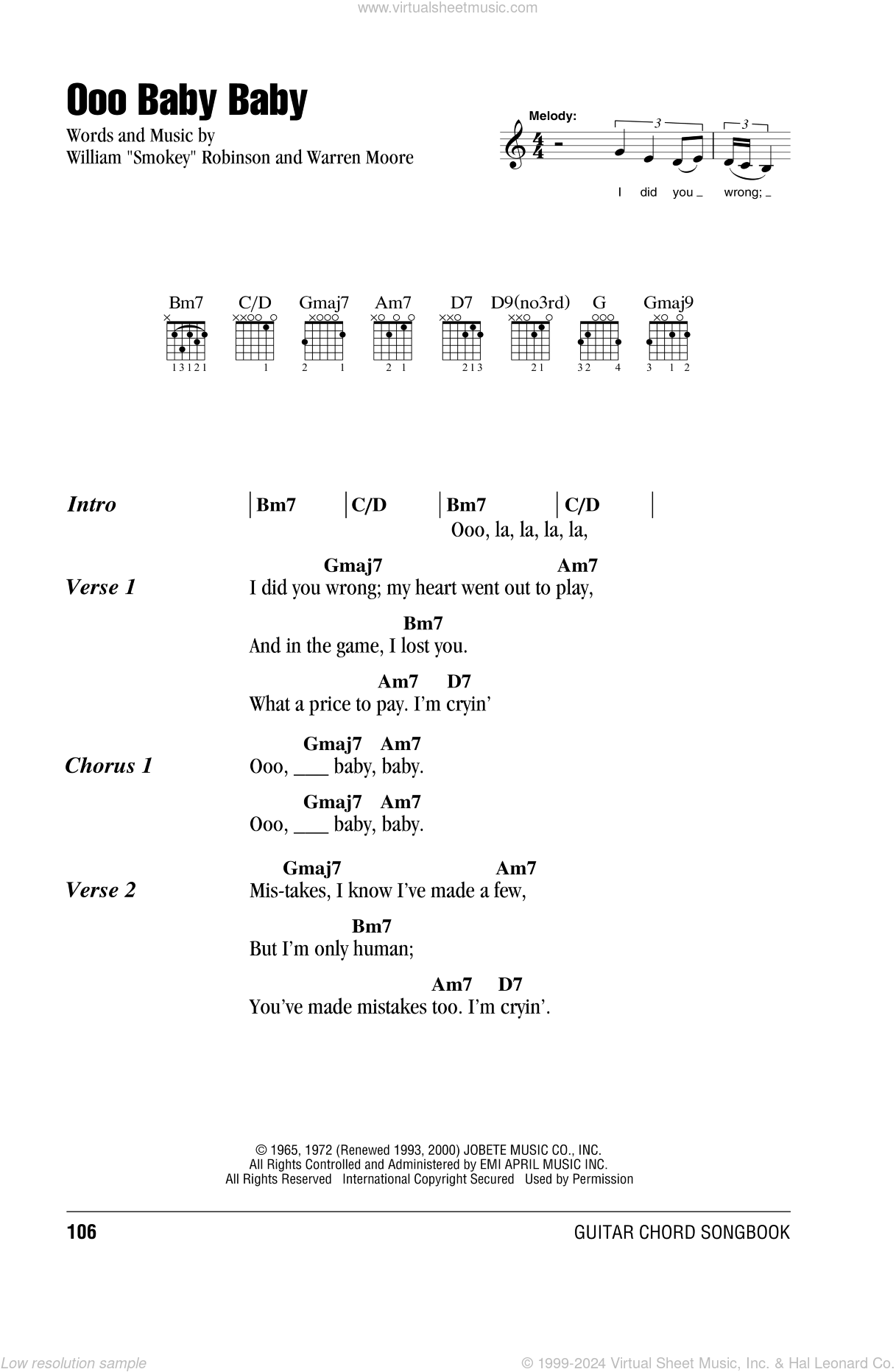 Miracles Ooo Baby Baby sheet music for guitar (chords) [PDF]