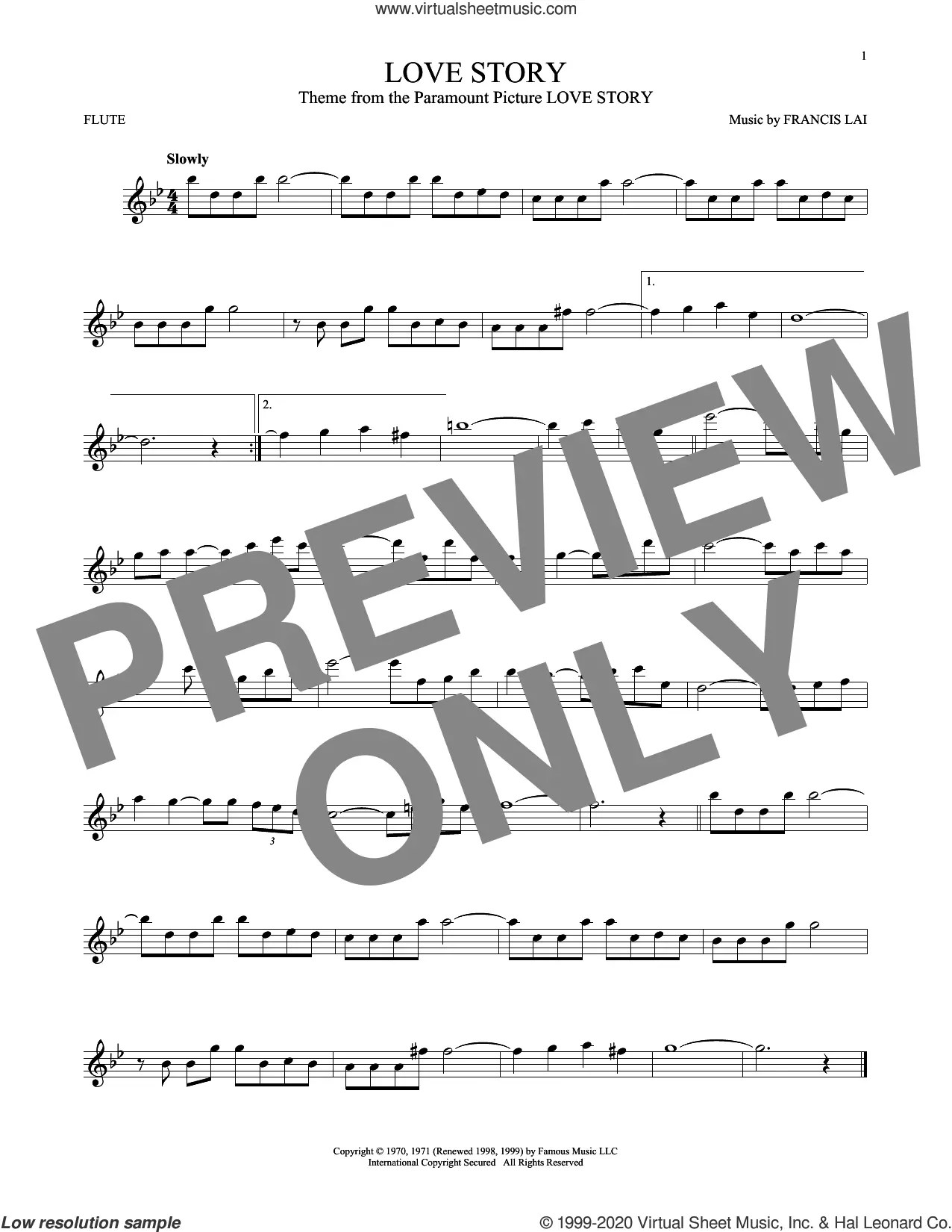 Partitions Numériques de Love Story pour Flûte traversière