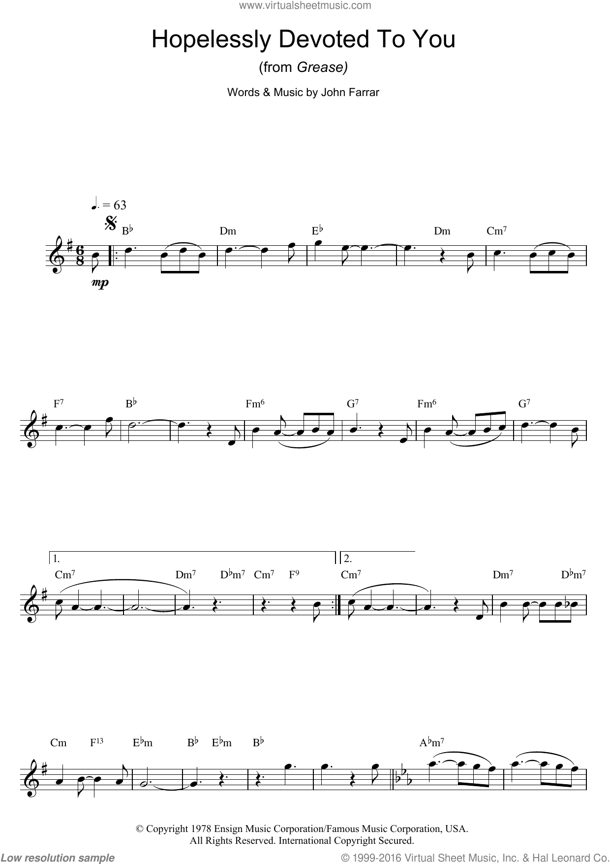 NewtonJohn Hopelessly Devoted To You (from Grease) sheet music for