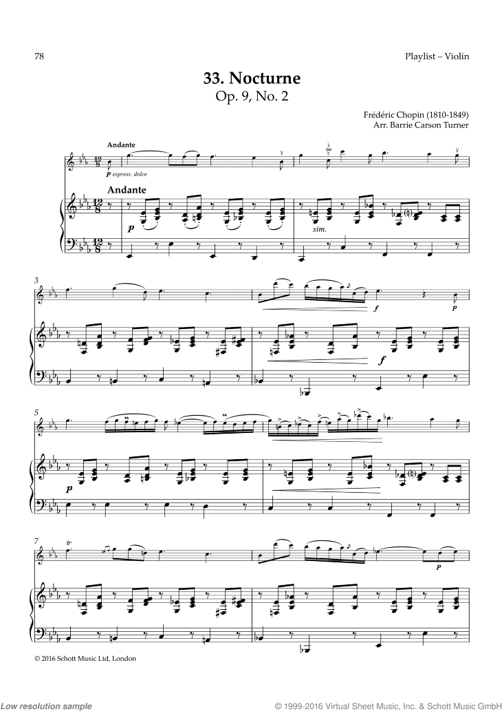 Chopin Nocturne, Op. 9 No. 2 sheet music for violin and piano