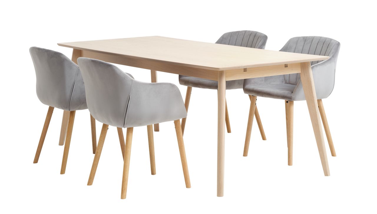 KALBY L160/250 table oak + 4 ADSLEV chairs grey velvet JYSK