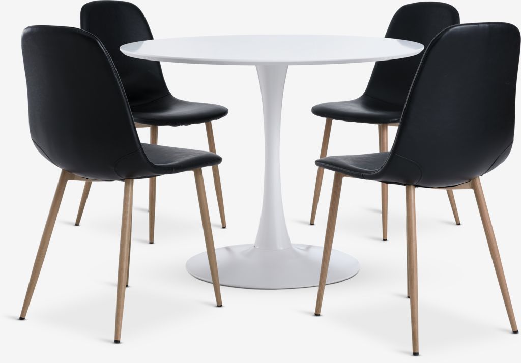 RINGSTED Ø100 bord vit + 4 JONSTRUP stol svart/ek JYSK
