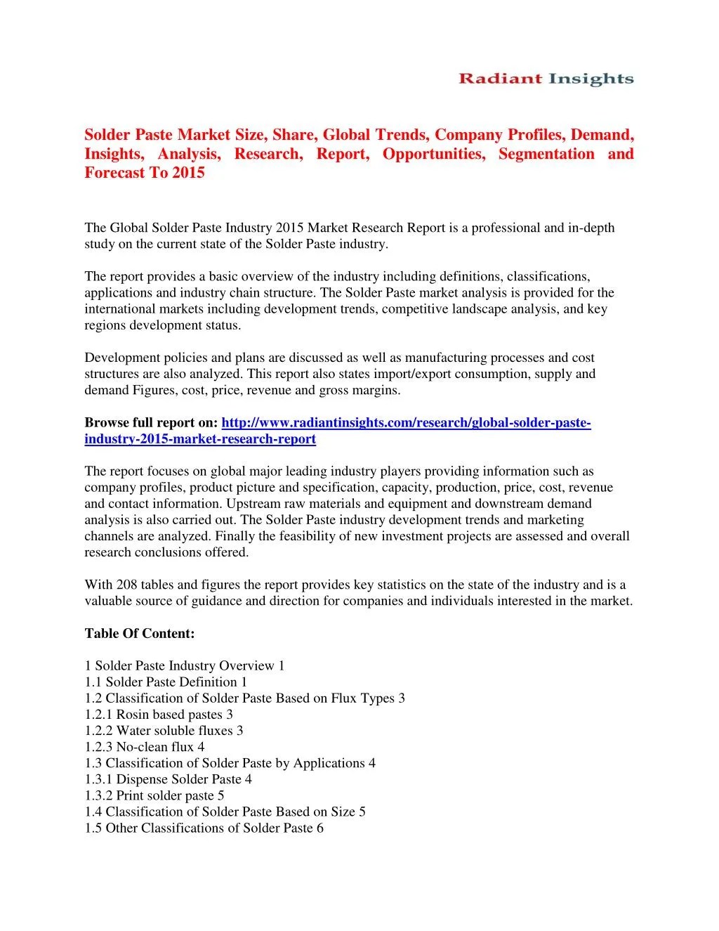 PPT Solder Paste Market Size, Share, Analysis And Forecasts To 2015