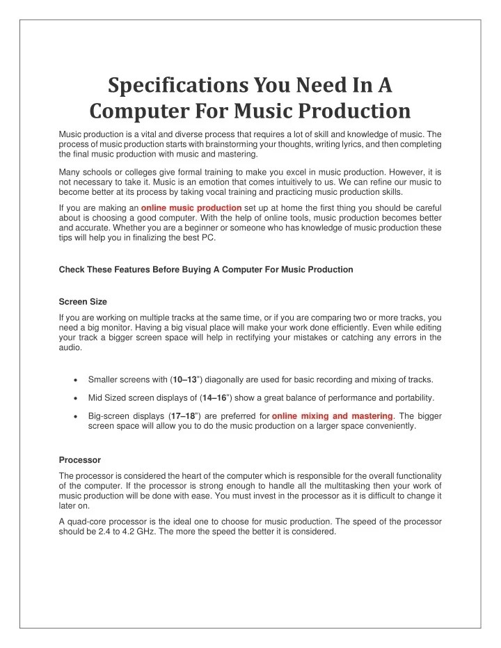 PPT Specifications You Need In A Computer For Music Production