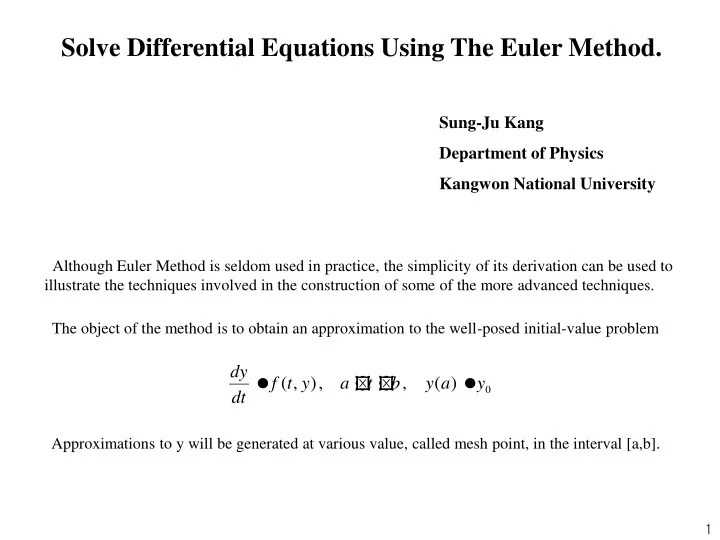 PPT Solve Differential Equations Using The Euler Method. PowerPoint