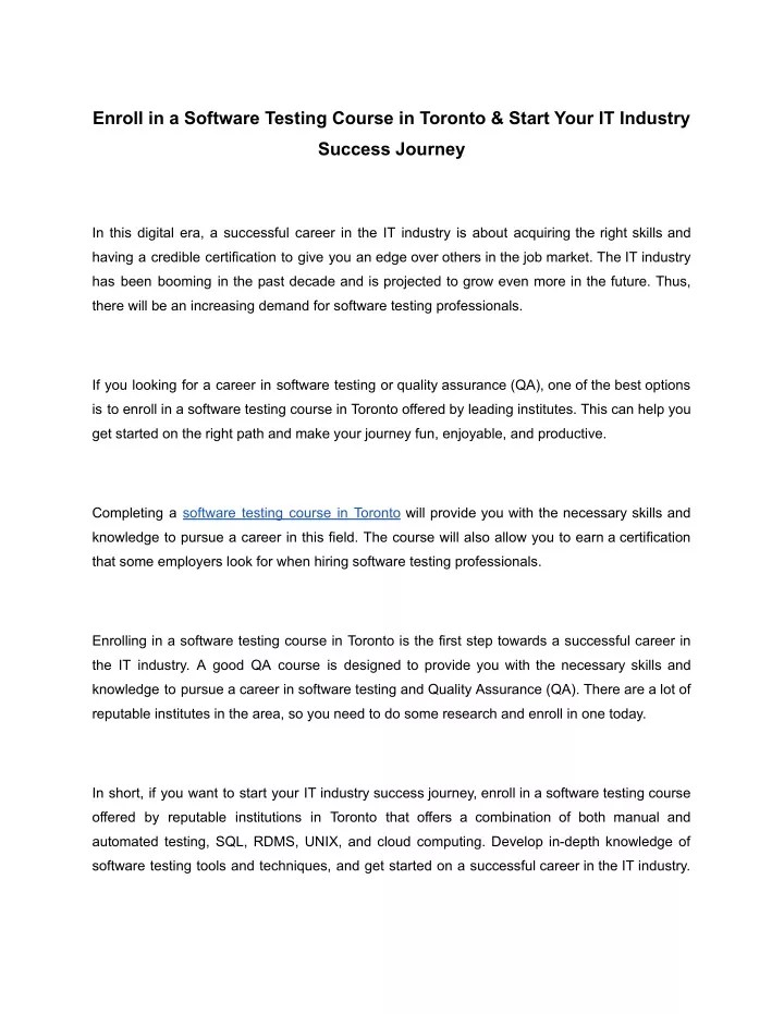 PPT Enroll in a Software Testing Course in Toronto & Start Your IT