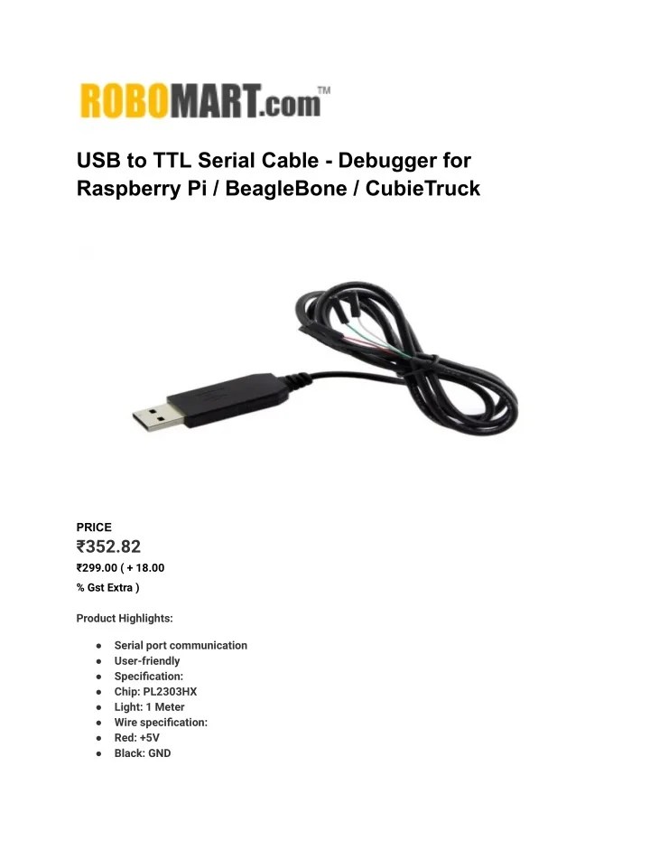 PPT USB to TTL Serial Cable Debugger for Raspberry Pi / BeagleBone