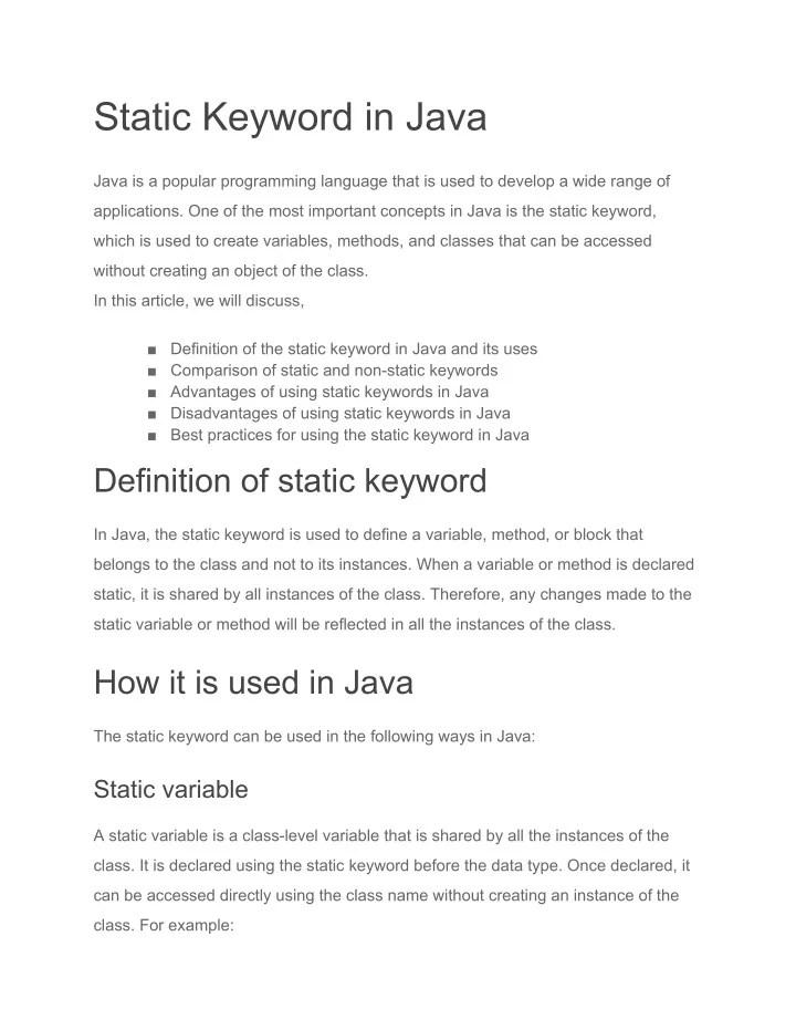 PPT Static Keyword in Java PowerPoint Presentation, free download