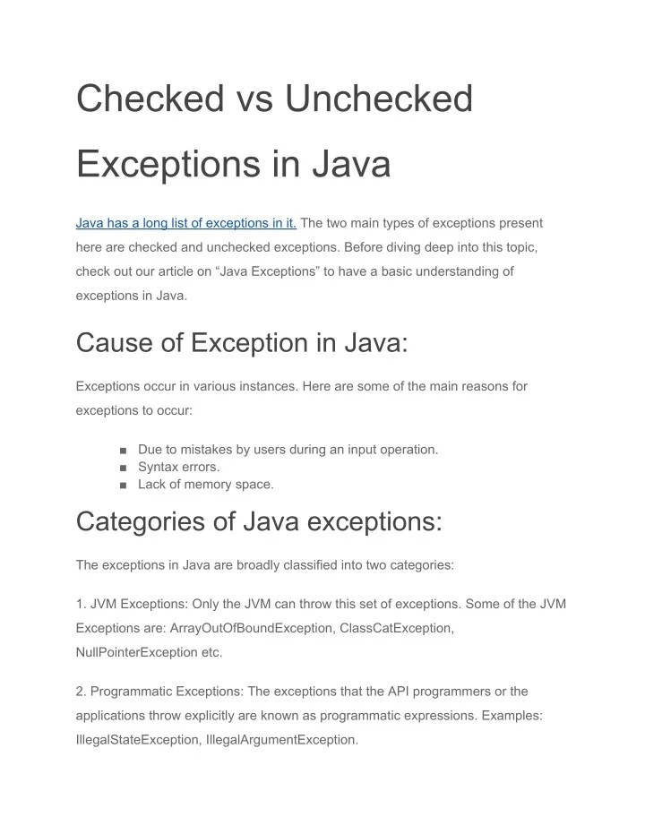 PPT Checked vs Unchecked Exceptions in Java PowerPoint Presentation
