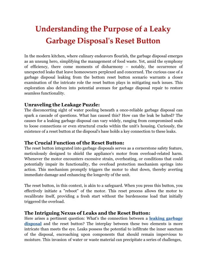 PPT Understanding the Purpose of a Leaky Garbage Disposal's Reset