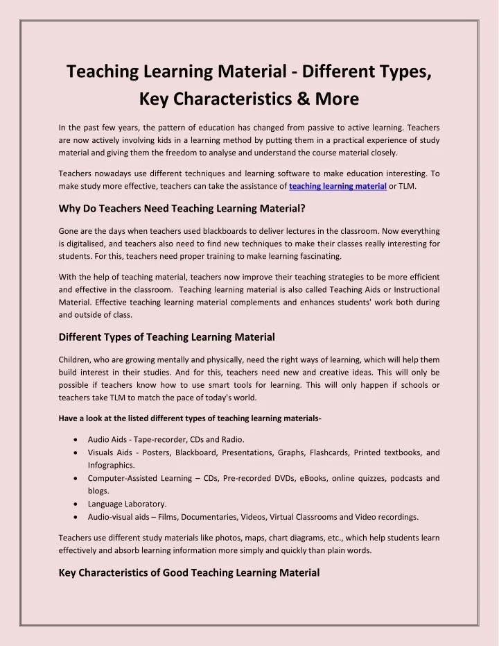 PPT Teaching Learning Material Different Types, Key Characteristics