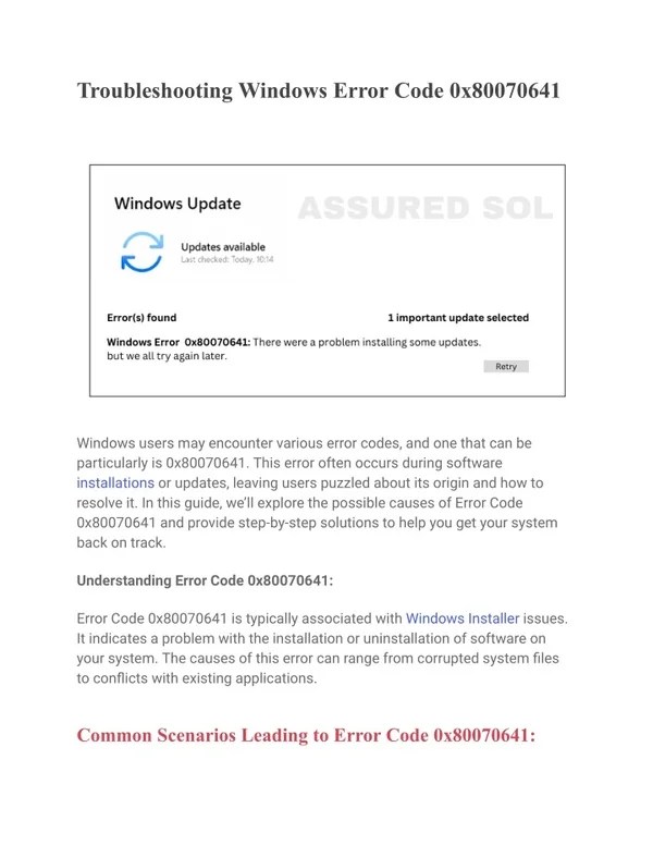 PPT - Troubleshooting Windows Error Code 0x80070641 PowerPoint