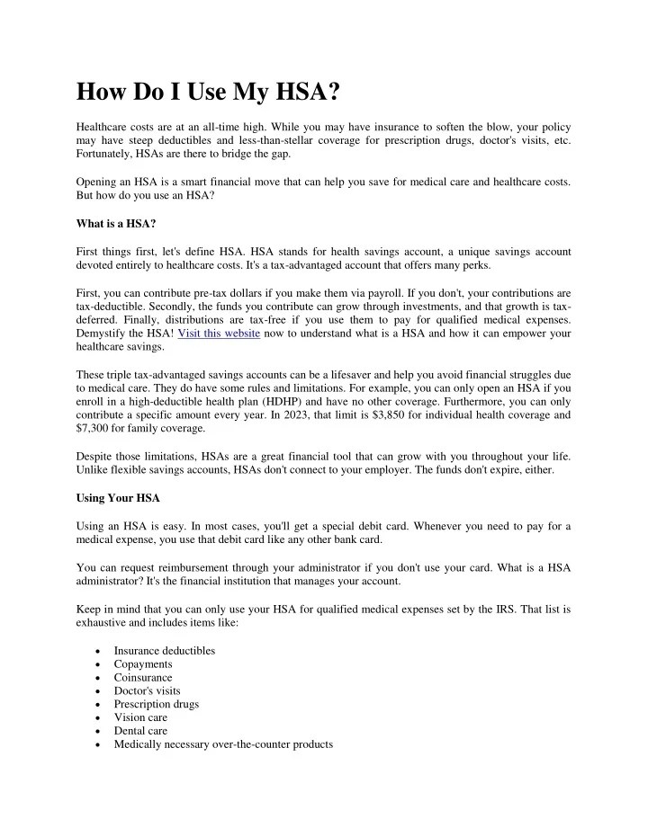 PPT How Do I Use My HSA? PowerPoint Presentation, free download ID