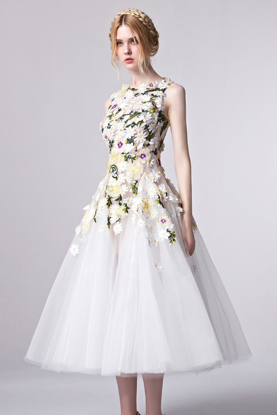 Floral Appliqued Tea Length Tulle Party Dress