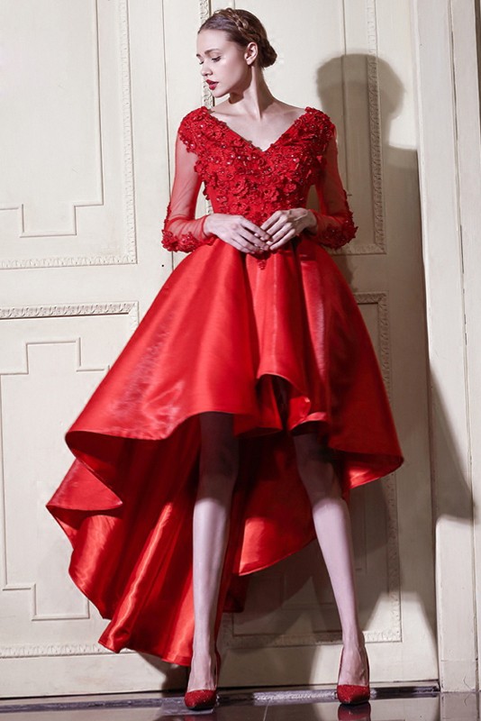 Red A Line High Low Wedding Dresses With Sleeves Vneck Short Front