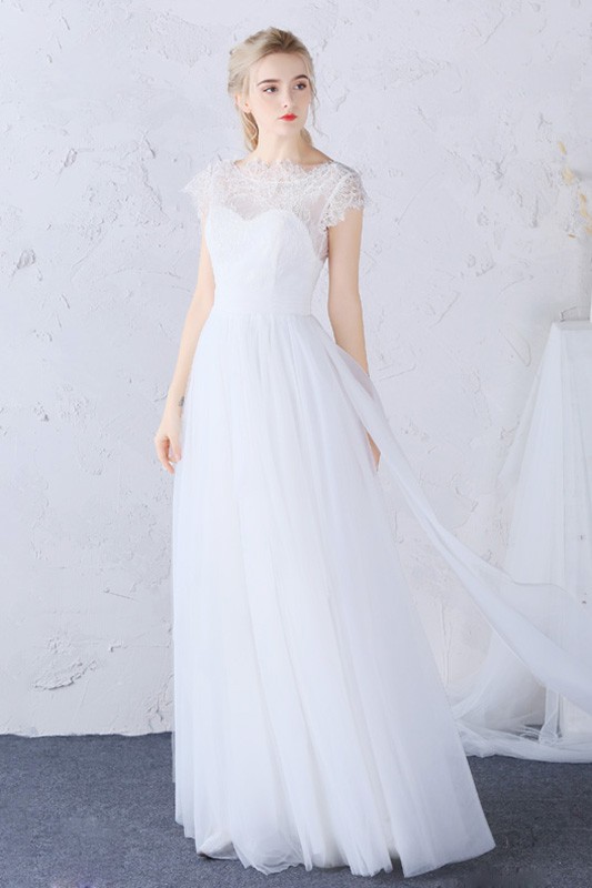 Modest Boho Beach Wedding Dress High Lace Neckline Long Tulle Cap