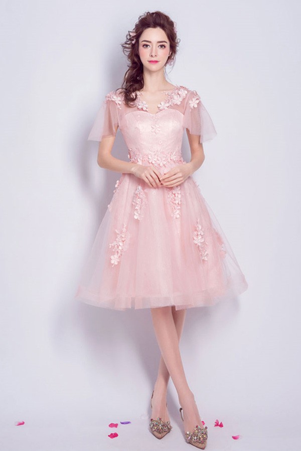 Pink Party Dresses Knee Length Flowy Tulle A Line With
