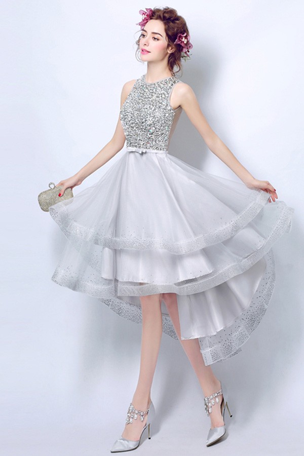 Elegant Silver Sequins Short Prom Dresses High Low Aline High Neck