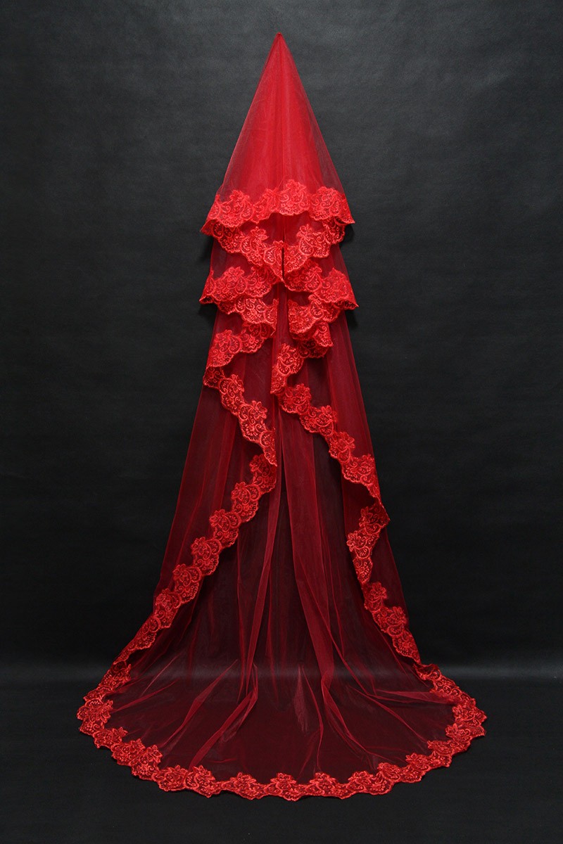 Princess Long Train Red Bridal Veil with Lace Hem BV095