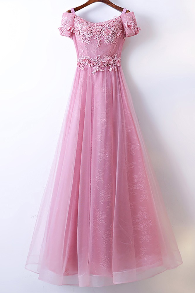 Beautiful Long Pink Prom Dress A Line With Off Shoulder Sleeves 