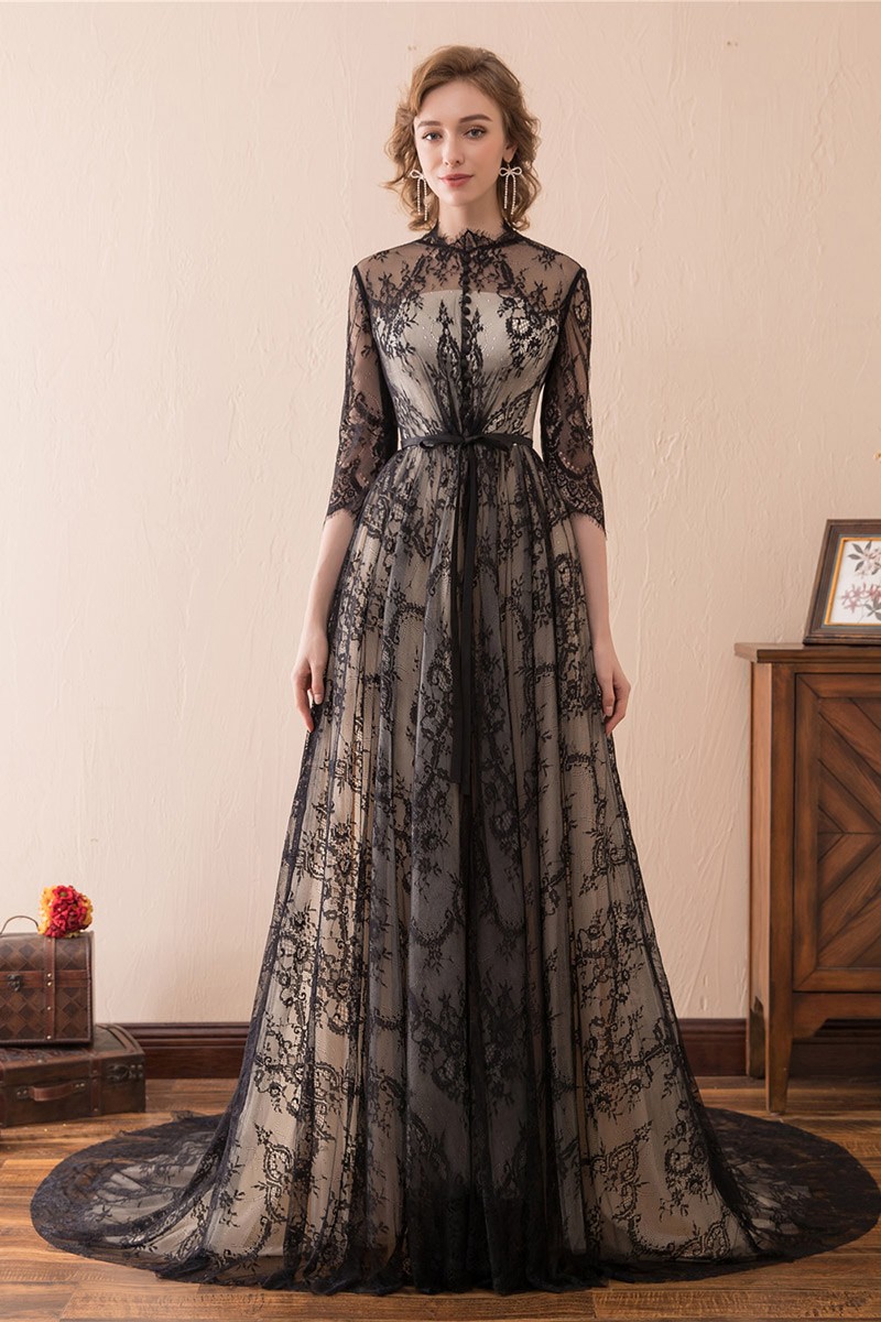 Modest All Lace Black Evening Dress Long With Sleeves Train CH6678