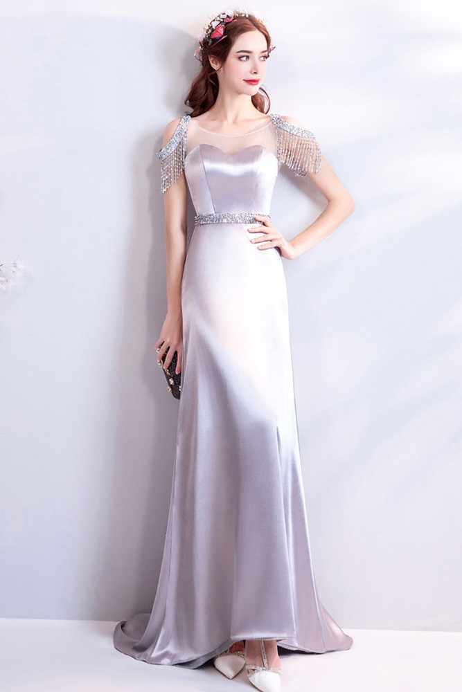 Classy Silver Satin Long Formal Evening Dress With Bling Wholesale 