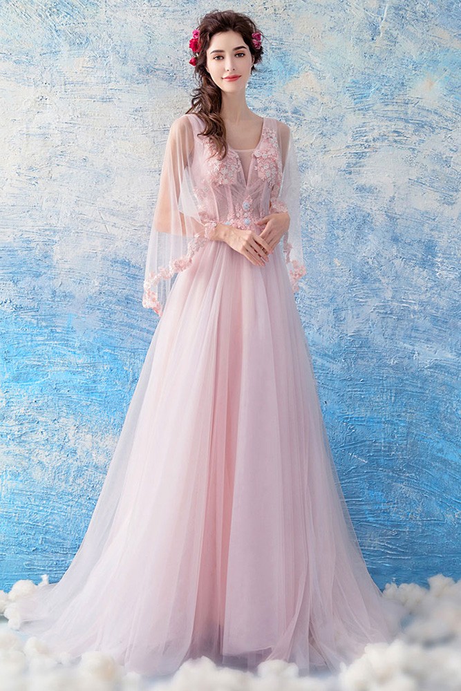 Fairy Pink Tulle Floral Cape Long Prom Dress A Line