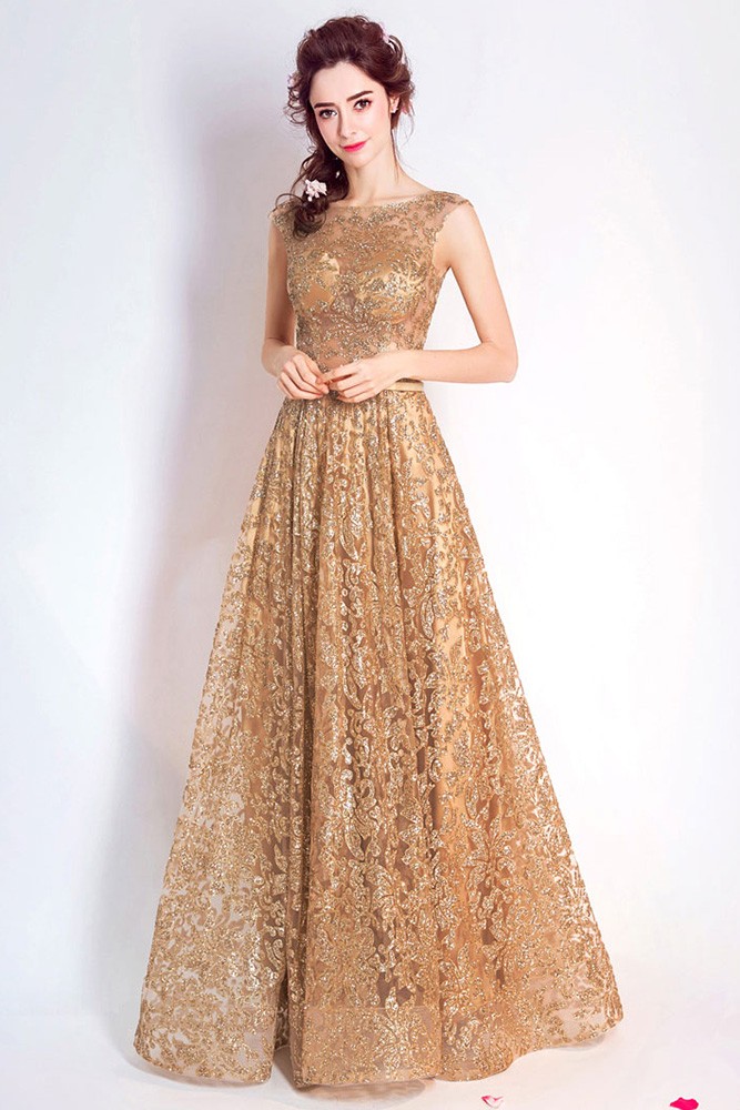 Luxury Gold Sparkly Lace A Line Formal Dress Sleeveless Wholesale 