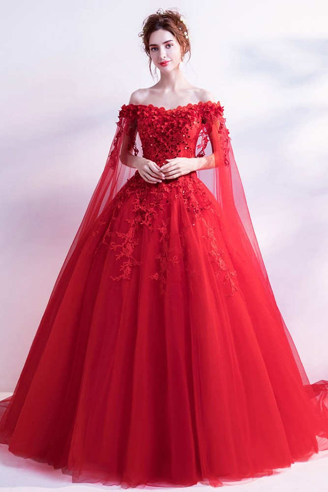 Off Shoulder Lace Flower Red Wedding Formal Dress With Long Sleeves