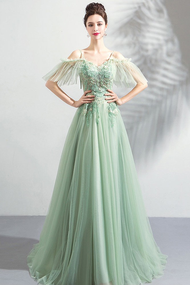 Flowy Green Long Tulle Formal Prom Dress Classy With Straps Wholesale 