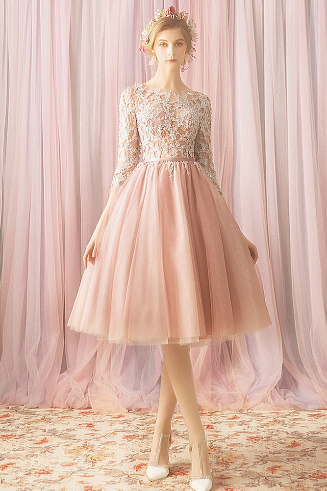 Blush Pink Lace Short Tulle Prom Dress With Lace Sleeves